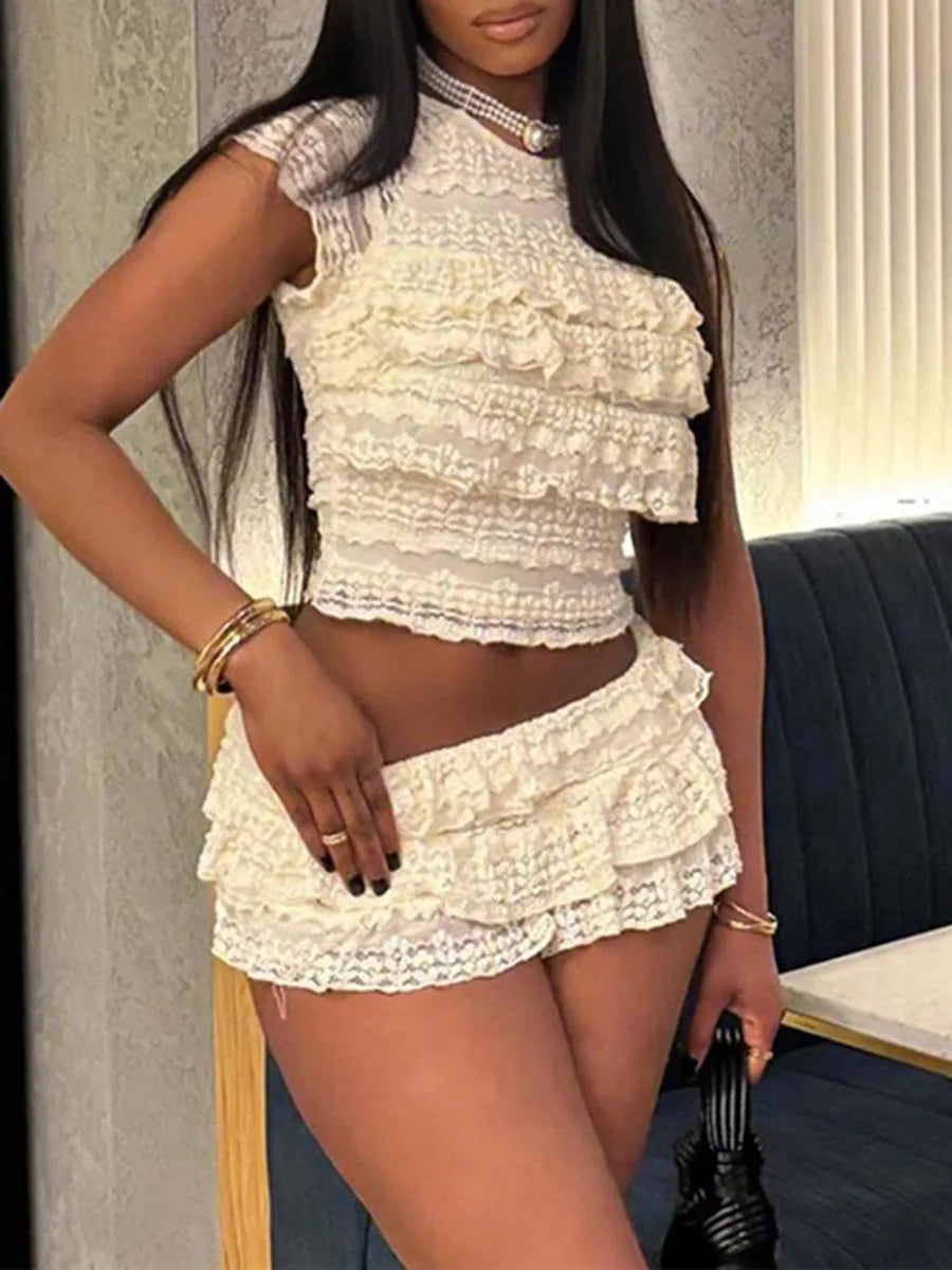 Women s Lace Crop Top and High Waisted Shorts Set with Short Sleeves and O Neckline Tiered Lace Design for a Stylish Look