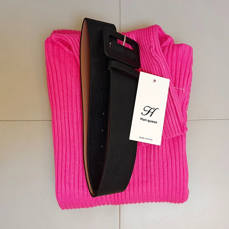H Han Queen Knitted Turtleneck Sweater Bodycon Dress Bottoming Women Soft Elastic Autumn Winter Midi Party Dresses With Belt
