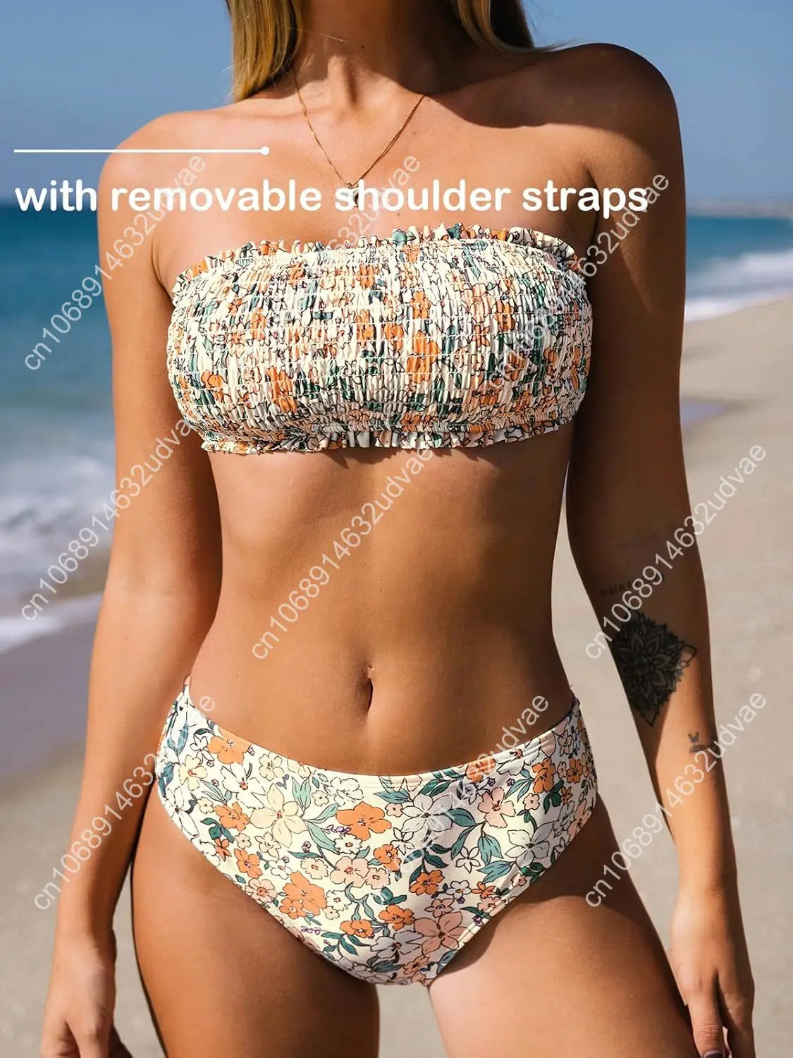 Bikini Set For Women Two Piece Swimsuit Bandeau Top Back Tie Mid Waisted Bottom With Removable Shoulder Straps