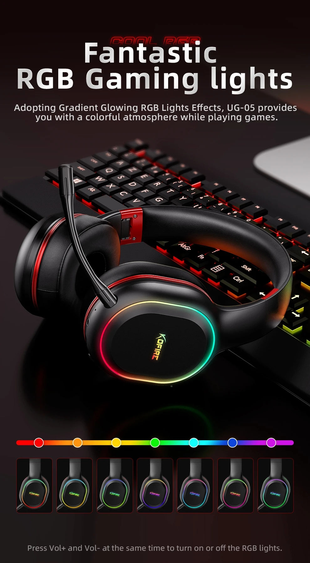 Kofire UG-05 Gaming Headphones 2.4G BT5.0 Wireless Headset With Mic RBG Light Vibration Bluetooth Earphone For PS4 PS5 PC Switch