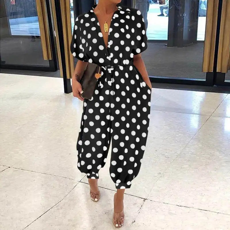 2025 Summer New Dot Leopard Print Jumpsuit Women Short Sleeve Leace-up Pocket Casual Jumpsuits Fashion Vintage Ladies Bodysuits