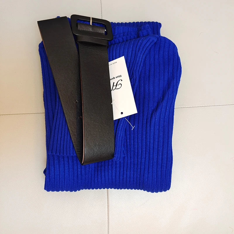 H Han Queen Knitted Turtleneck Sweater Bodycon Dress Bottoming Women Soft Elastic Autumn Winter Midi Party Dresses With Belt