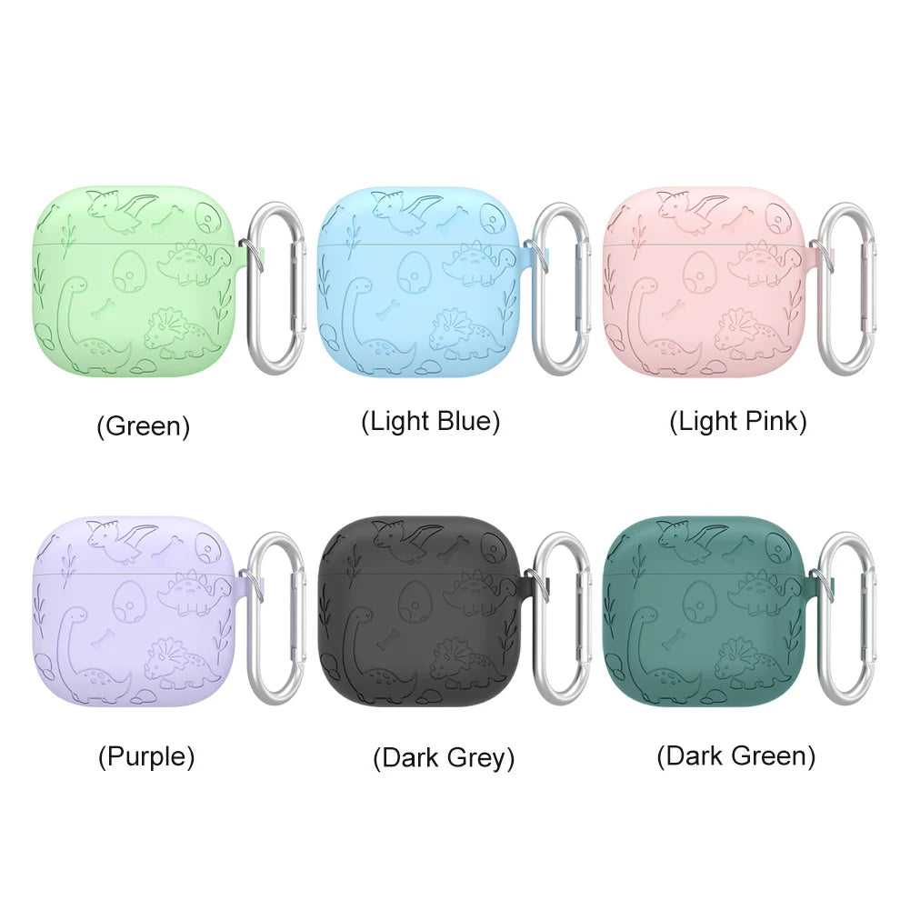 Silicone Case Protector with Carabiner Engraved Flower Dinosaur Case Soft Silicone Skin Protective Case for AirPods 4 Gen (2024)