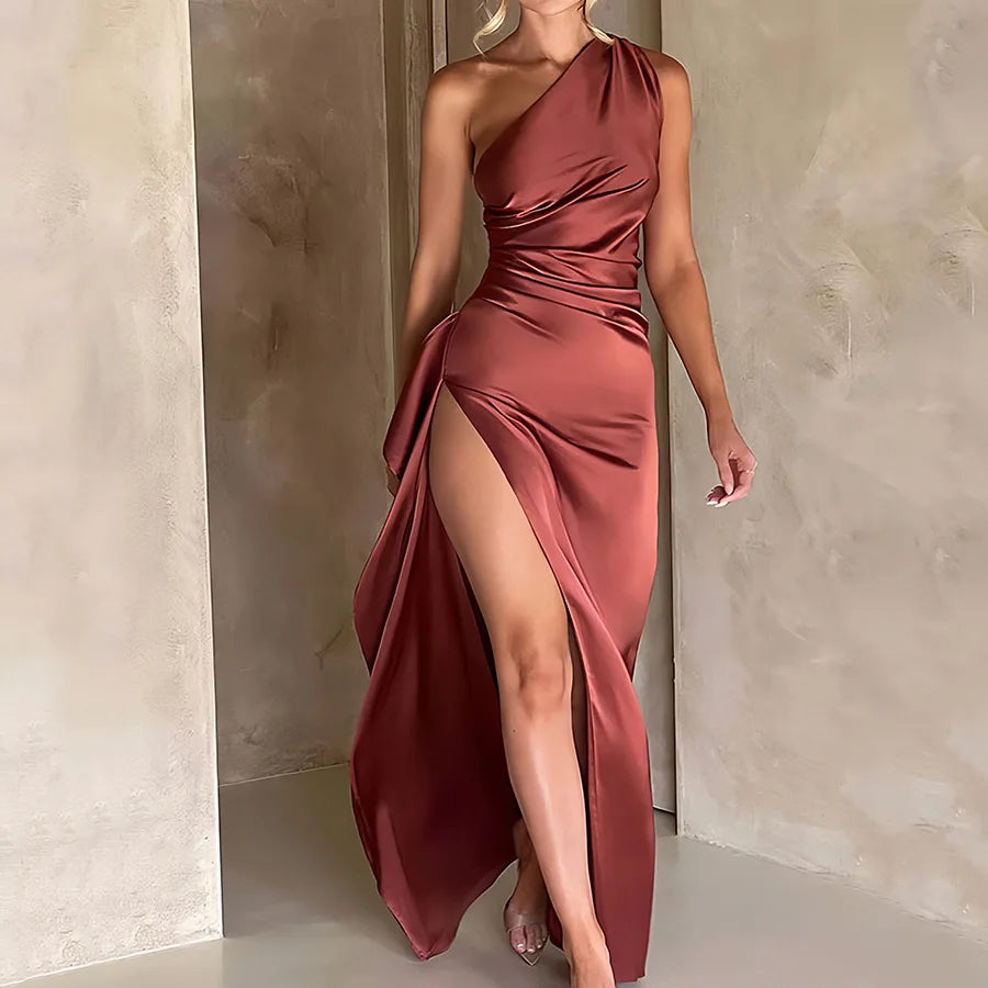 Summer Sexy One Shoulder Satin Long Dress For Women Sleeveless Backless High Split Party Evening Dresses Elegant Cocktail Dress