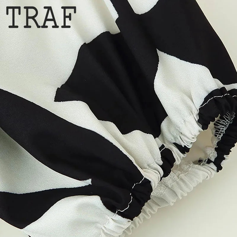 TRAF Elegant Off Waist Dresses For Women Fashion Printed Short Sleeve Dress Lace Up Slim Long Dress Temperament Party Dresses