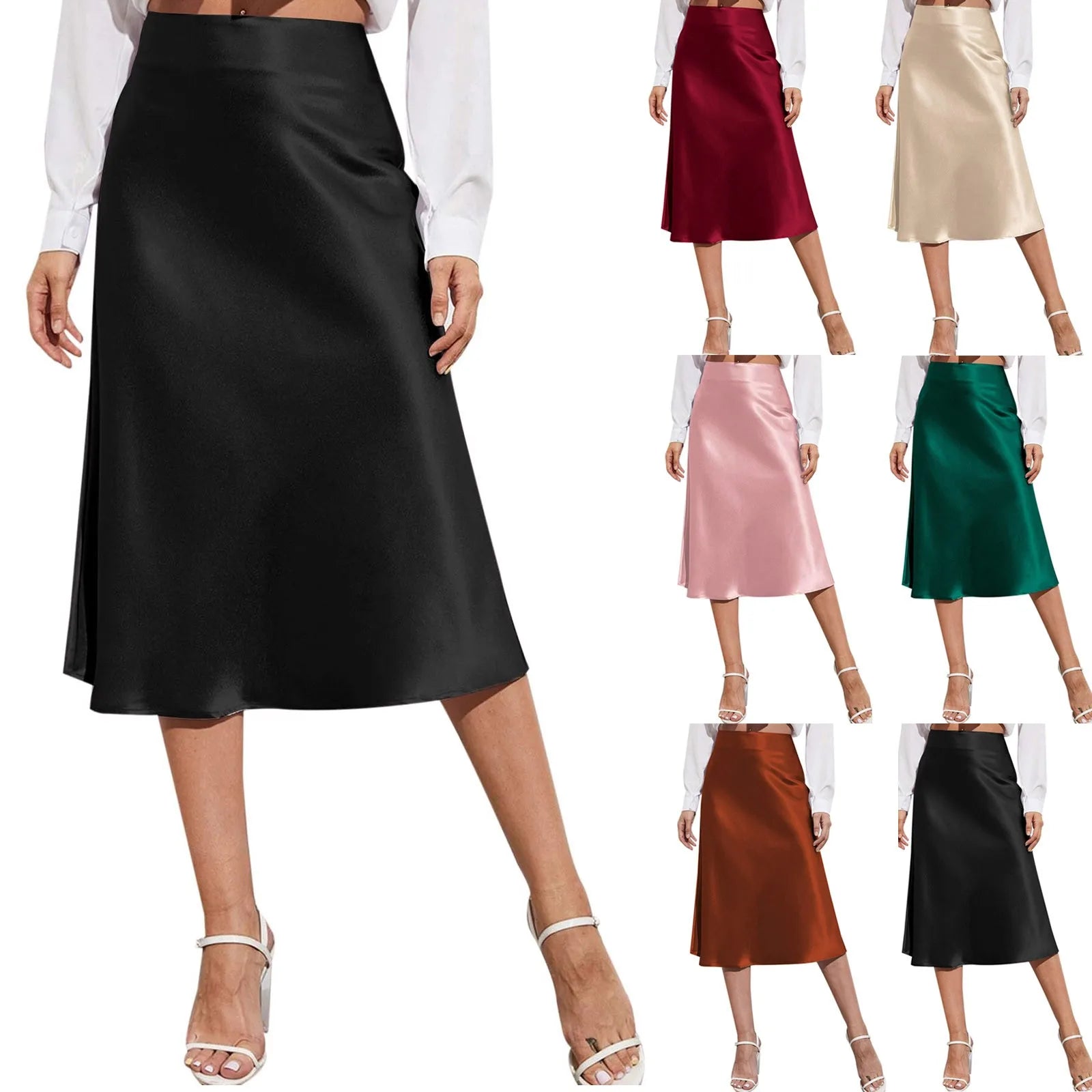 Aesthetic Satin A-Line Skirt Women's Bright Face High Waist Solid Color Side Split Skirt With Zipper Knee Length Office Wear