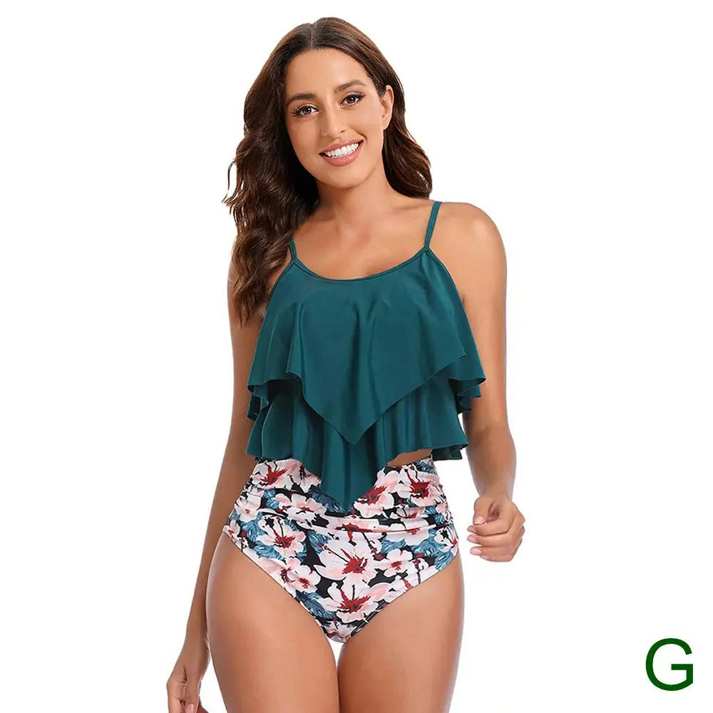 8 Colors Women Ruffled Tankini Set Padded Top With Adjustable Shoulder Straps Elastic Slim Knitted High Waisted Beachwear 2024