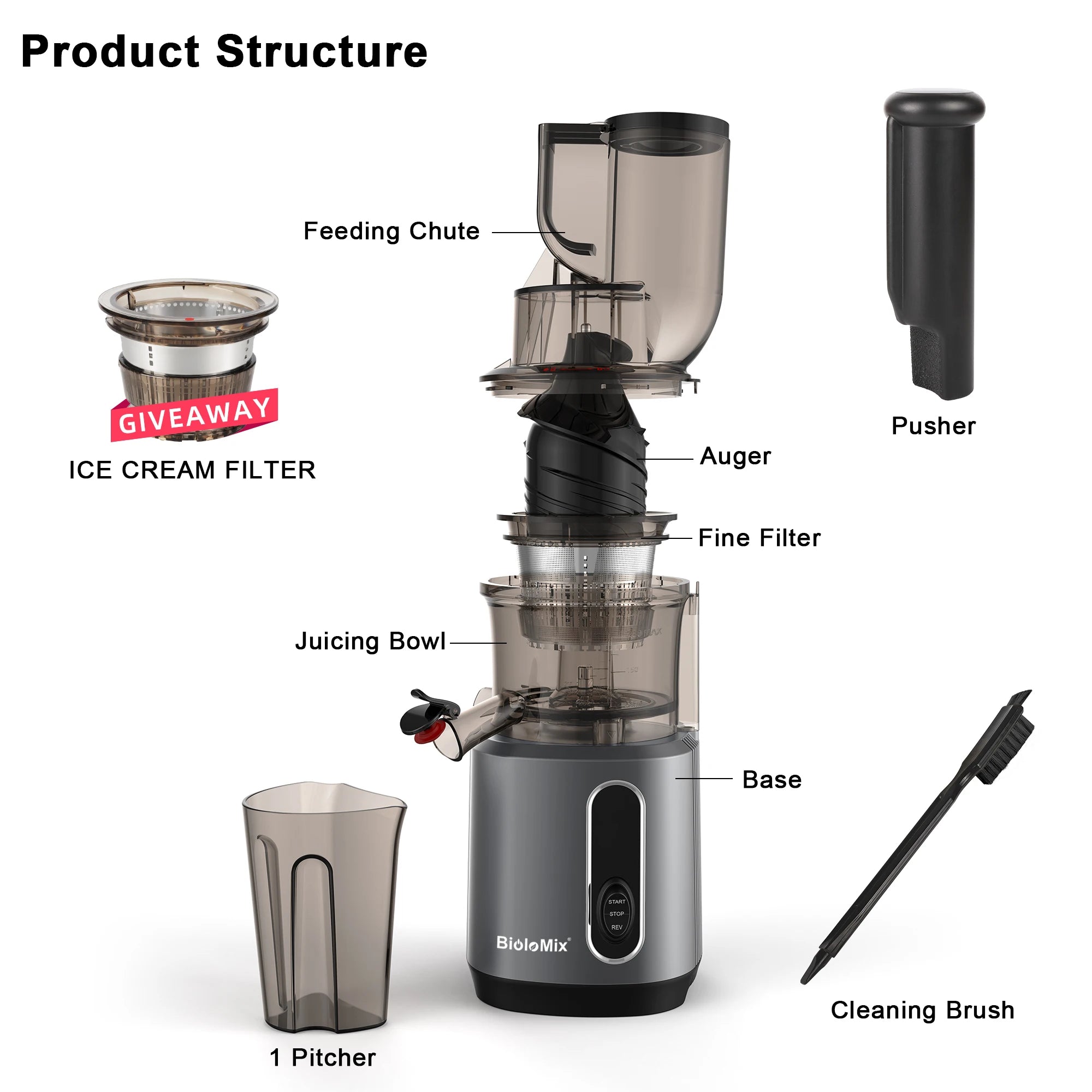 BioloMix Cold Press Juicer with 78mm Feed Chute, 200W 40-65RPM Powerful Motor Slow Masticating Juice Extractor Fits Whole Fruits