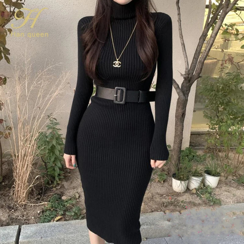 H Han Queen Knitted Turtleneck Sweater Bodycon Dress Bottoming Women Soft Elastic Autumn Winter Midi Party Dresses With Belt