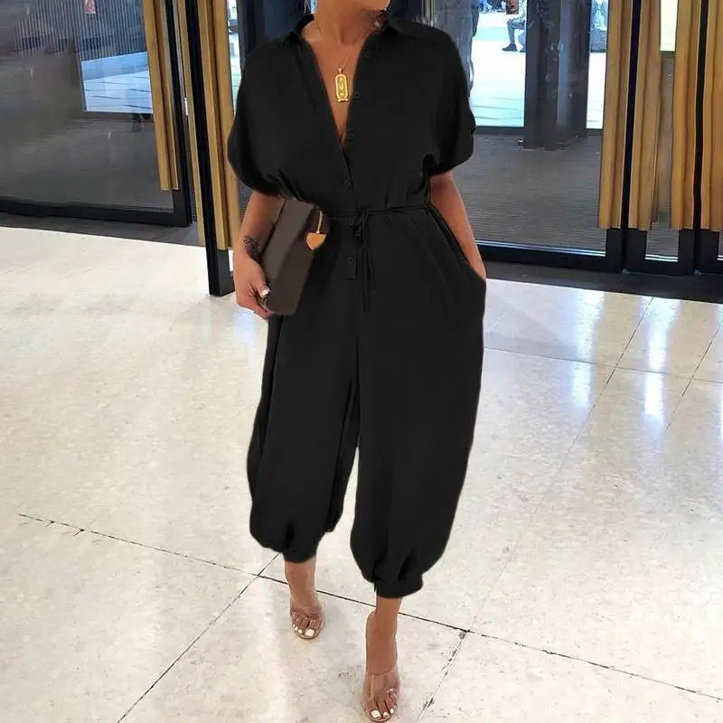 2025 Summer New Dot Leopard Print Jumpsuit Women Short Sleeve Leace-up Pocket Casual Jumpsuits Fashion Vintage Ladies Bodysuits
