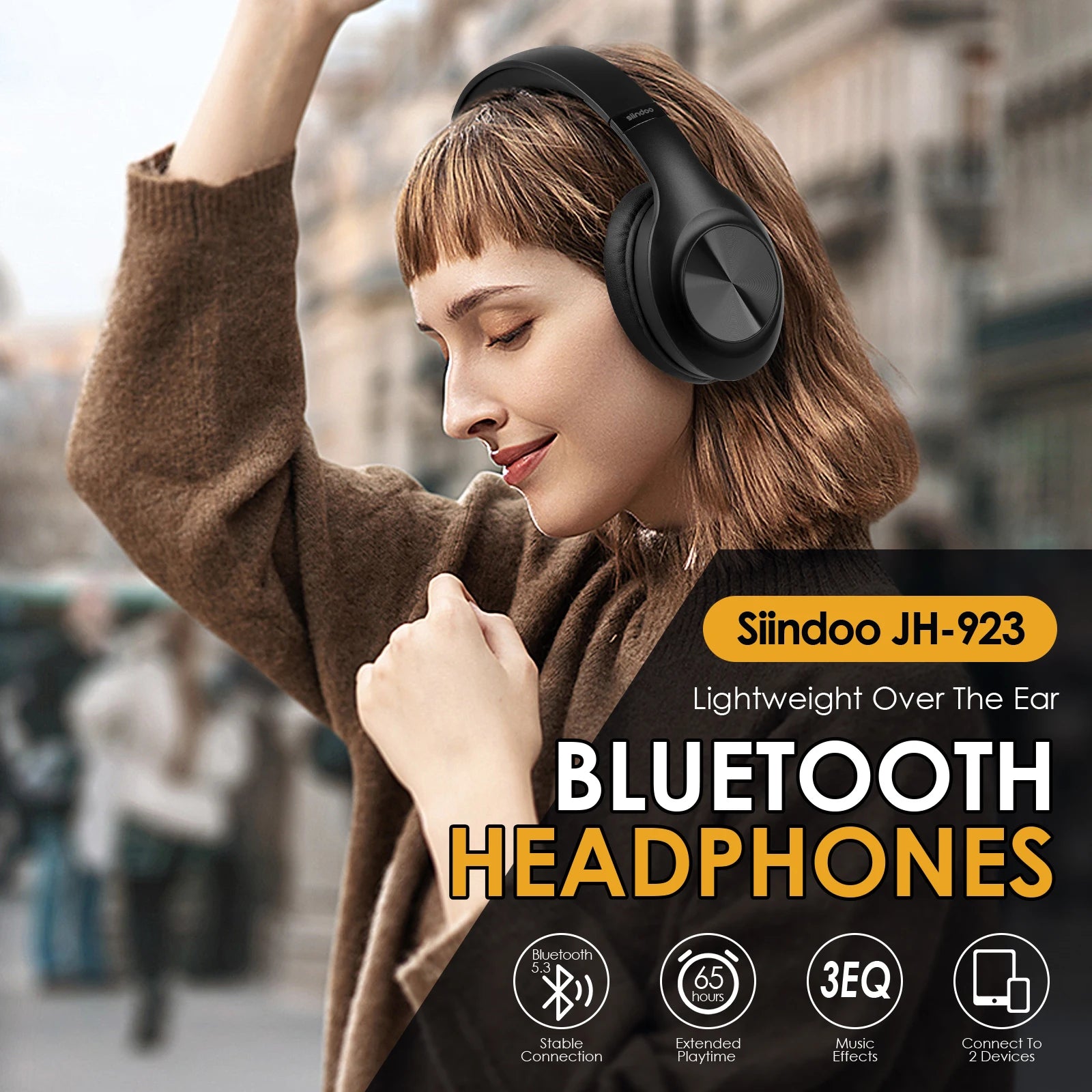 Siindoo JH-923 Wireless Headphones Over Ear,Foldable Bluetooth Headsets,3EQ Sound Modes, Hi-Res Audio with Deep Bass Microphone