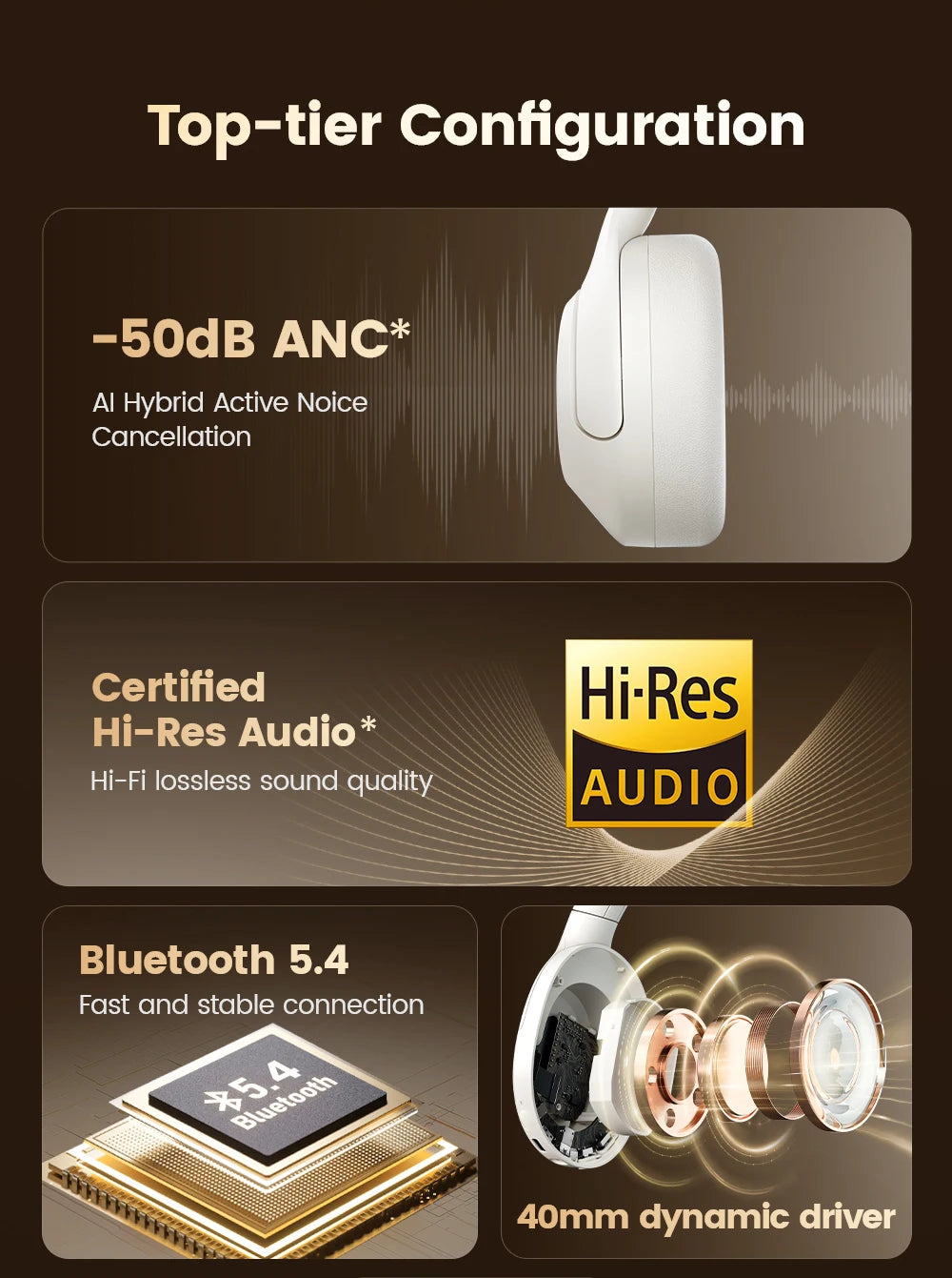 Filwans H Zero pro -50dB ANC Headphones Hi-Res AUDIO Wireless Bluetooth 5.4 5 Microphone Headset 3.5mm PC Gaming Gamer Earphones