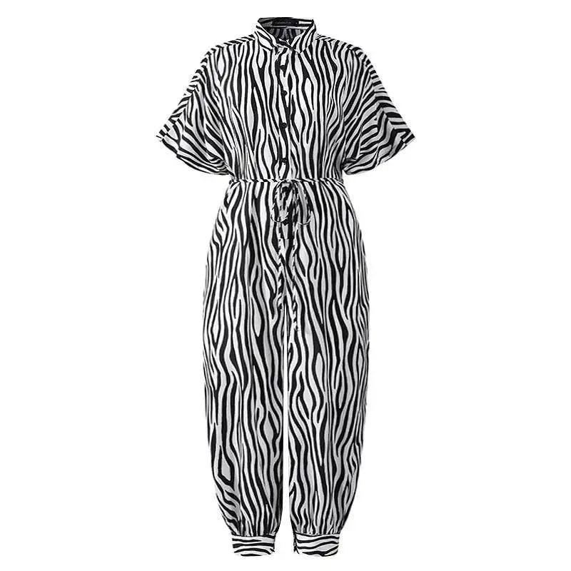 2025 Summer New Dot Leopard Print Jumpsuit Women Short Sleeve Leace-up Pocket Casual Jumpsuits Fashion Vintage Ladies Bodysuits