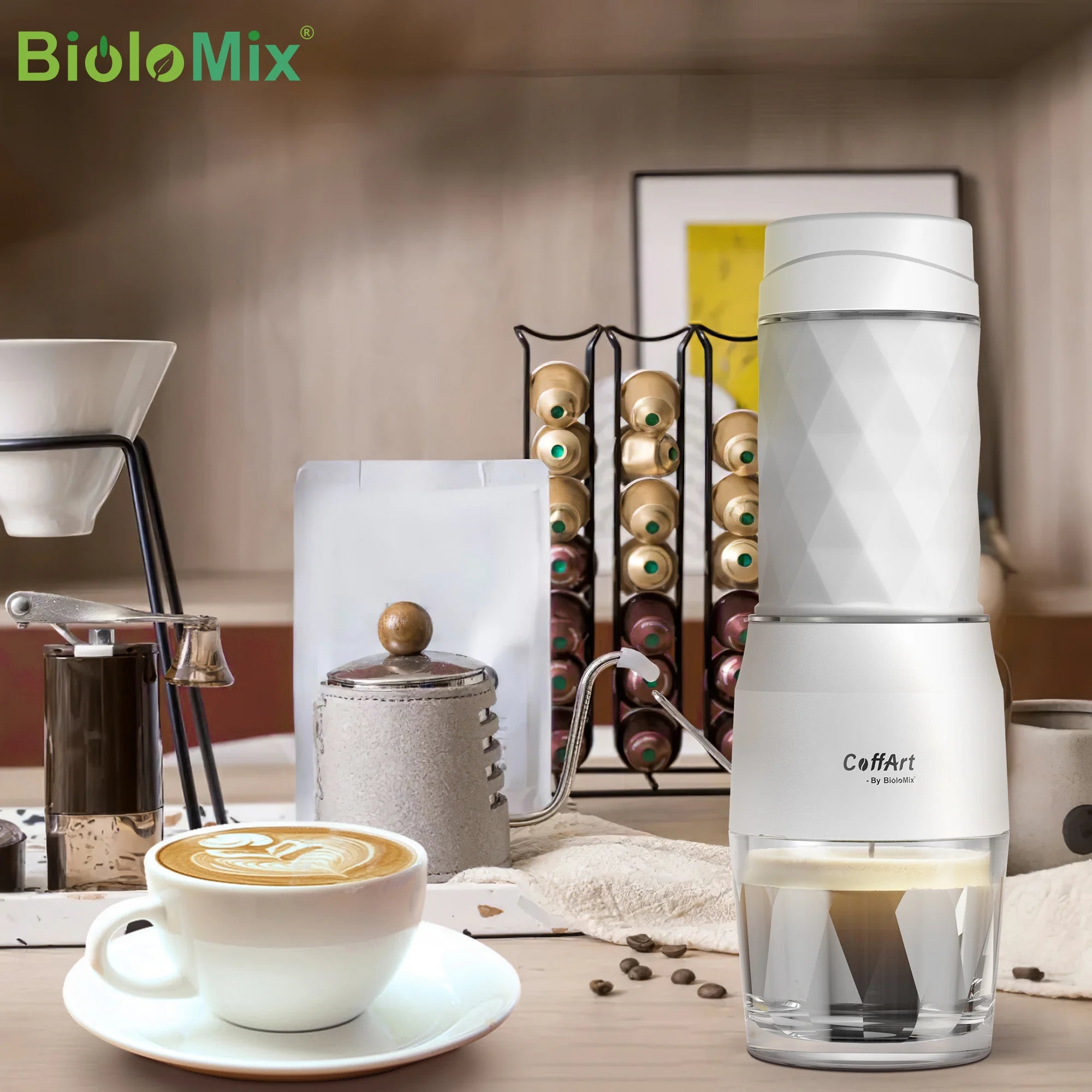 BioloMix Portable Coffee Maker Espresso Machine Hand Press Capsule Ground Coffee Brewer Portable for Travel and Picnic