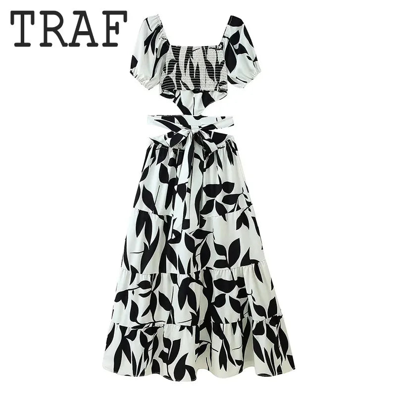TRAF Elegant Off Waist Dresses For Women Fashion Printed Short Sleeve Dress Lace Up Slim Long Dress Temperament Party Dresses