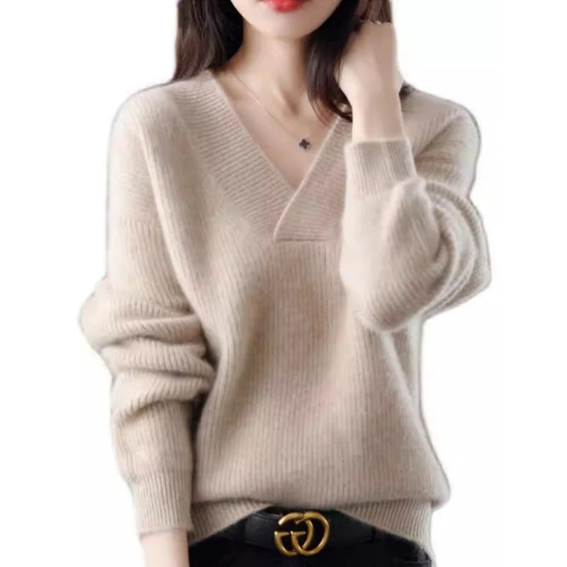 V-neck Basis Pullover Women's Solid Loose Knit Sweater Autumn Winter Jumpers Knitwear Soft Warm Chic Femme Sweater Casual Tops