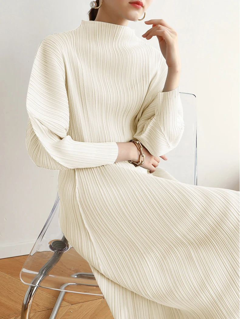 Miyake Pleats Batwing Sleeve Pleated Long Dress Korean High Fashion Causal Elegant Women Designer Clothing