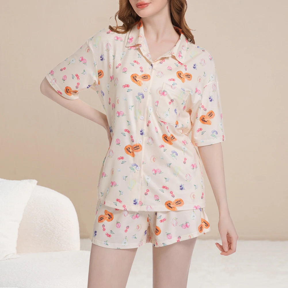 Women Fruit Print Pajamas Set Breathable Soft Loungewear Button Down Sleepwear Cute Pyjama Trousers Set for Loose Home Wear