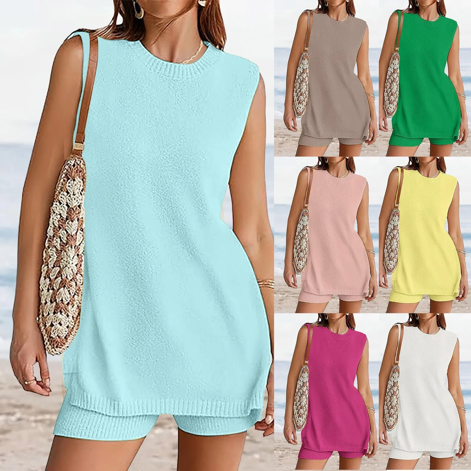 Elegant Women's Sets Solid Color Sexy Waist Vest Women Summer Loose middle shorts with pockets female Soft Summer Shorts Sets