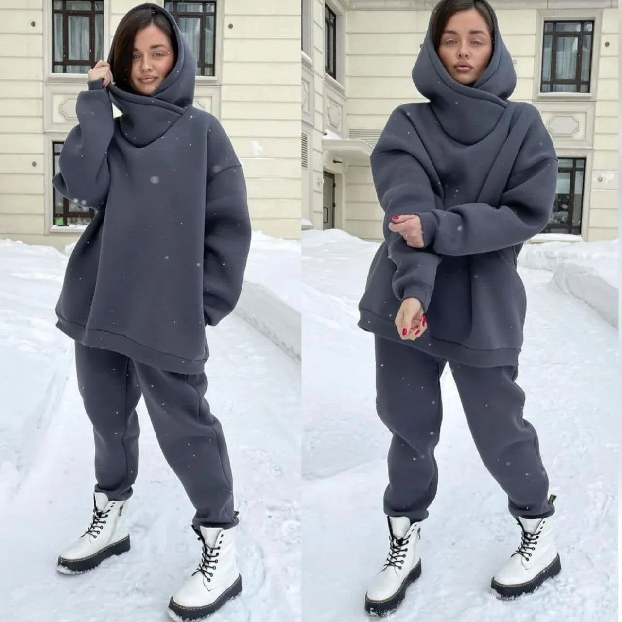 Winter Women's Tracksuit Two Piece Sets Solid Long Sleeve Hooded Running Sports Suit Warm Hoodie Sweatshirts Long Pant