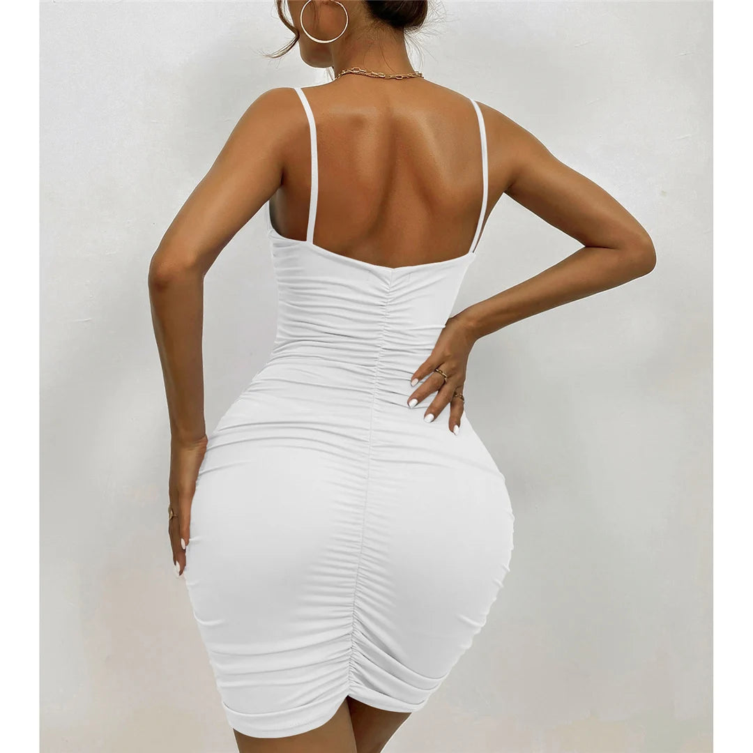 XS - L Sexy Ruched Pleated V Neck Sling Dress Short Club Lady Elegant Summer Bodycon Dress Evening Party Tight Mini Dress VD007