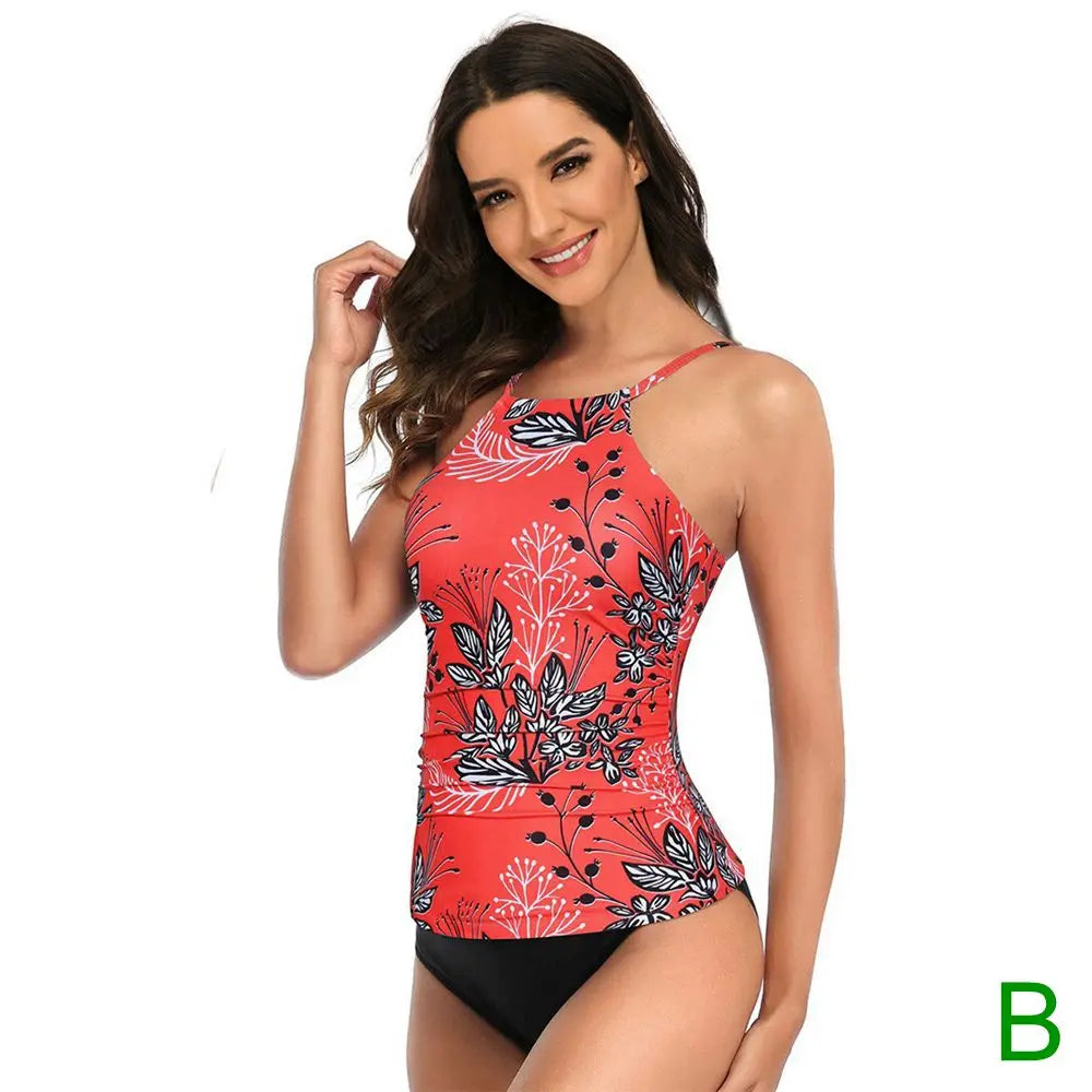 13 Colors Women Conservatively Cover Belly Tankini Set Padded Top With Adjustable Shoulder Straps Elastic Slim Knitted Beachwear