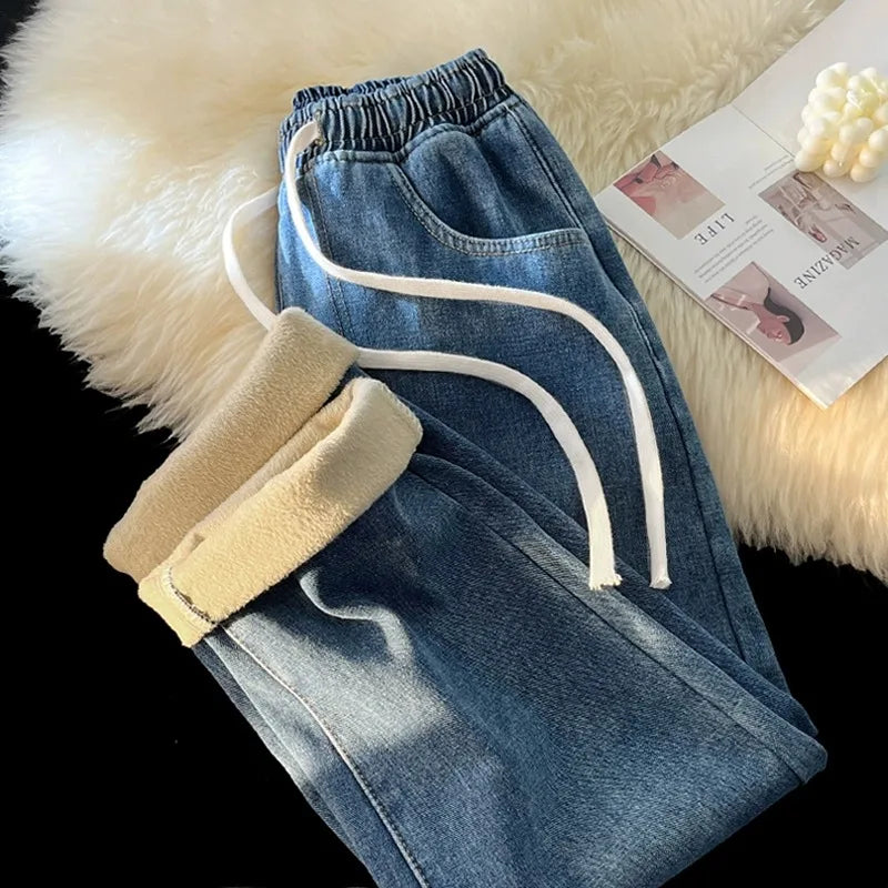 Winter Thiened Jeans Wide Leg Jeans Men's Straight Elastic Waist Corduroy High Street Vintage New Youth Casual Jeans