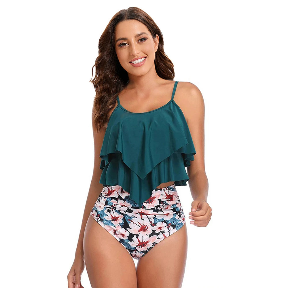 8 Colors Women Ruffled Tankini Set Padded Top With Adjustable Shoulder Straps Elastic Slim Knitted High Waisted Beachwear 2024