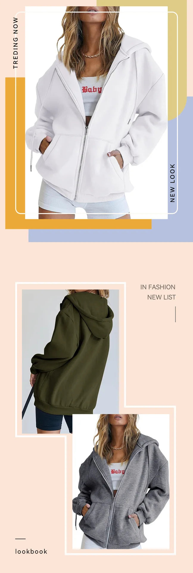 Fashion Gray Zip Up Sweatshirt Women Autumn Winter Jacket Clothes Hoodies Daily Pockets Long Sleeve Solid Versatile Lady Hoodies