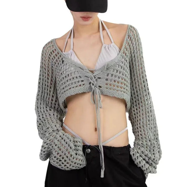 2025 Summer New V-neck Lace Up Cardigan Hollow Out Long Sleeve Tops Women Y2k E-Girl Slim Fit All-match Knitted Pullover