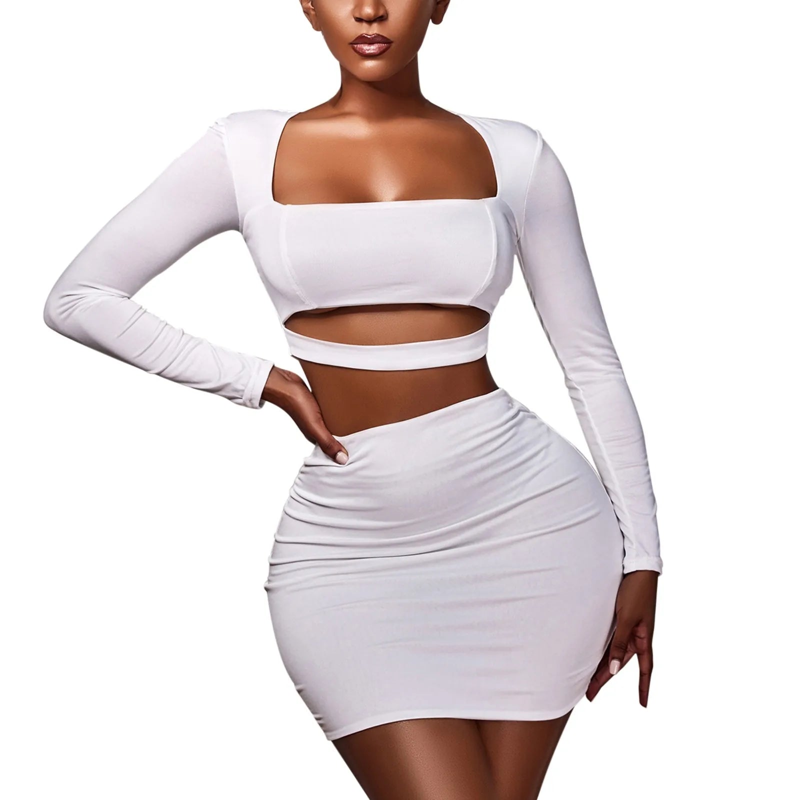 Sexy Elagant Solid Color Two Piece Set Women Long Sleeve Crop Top And Cutout Short Skirt Suits Spring Summer Party Club Outfits