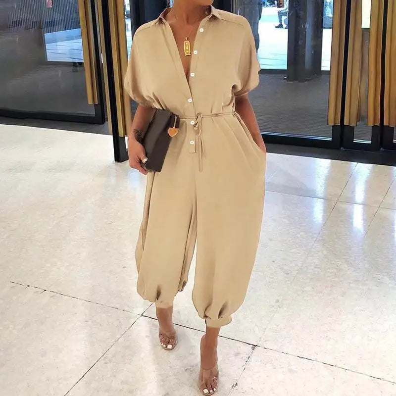2025 Summer New Dot Leopard Print Jumpsuit Women Short Sleeve Leace-up Pocket Casual Jumpsuits Fashion Vintage Ladies Bodysuits