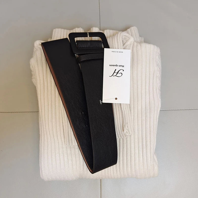H Han Queen Knitted Turtleneck Sweater Bodycon Dress Bottoming Women Soft Elastic Autumn Winter Midi Party Dresses With Belt