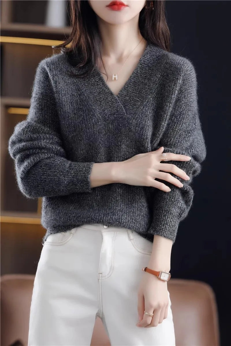 V-neck Basis Pullover Women's Solid Loose Knit Sweater Autumn Winter Jumpers Knitwear Soft Warm Chic Femme Sweater Casual Tops