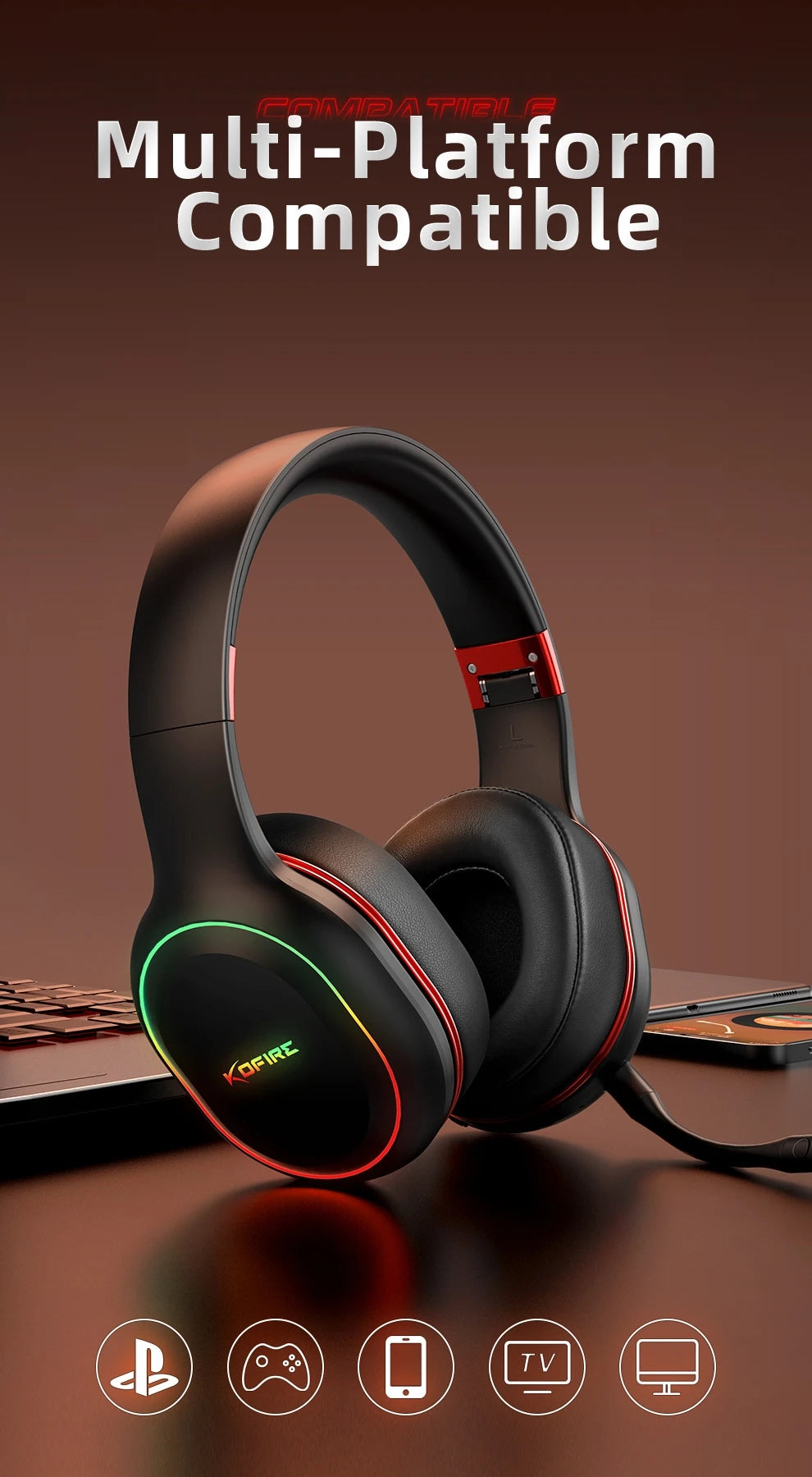 Kofire UG-05 Gaming Headphones 2.4G BT5.0 Wireless Headset With Mic RBG Light Vibration Bluetooth Earphone For PS4 PS5 PC Switch