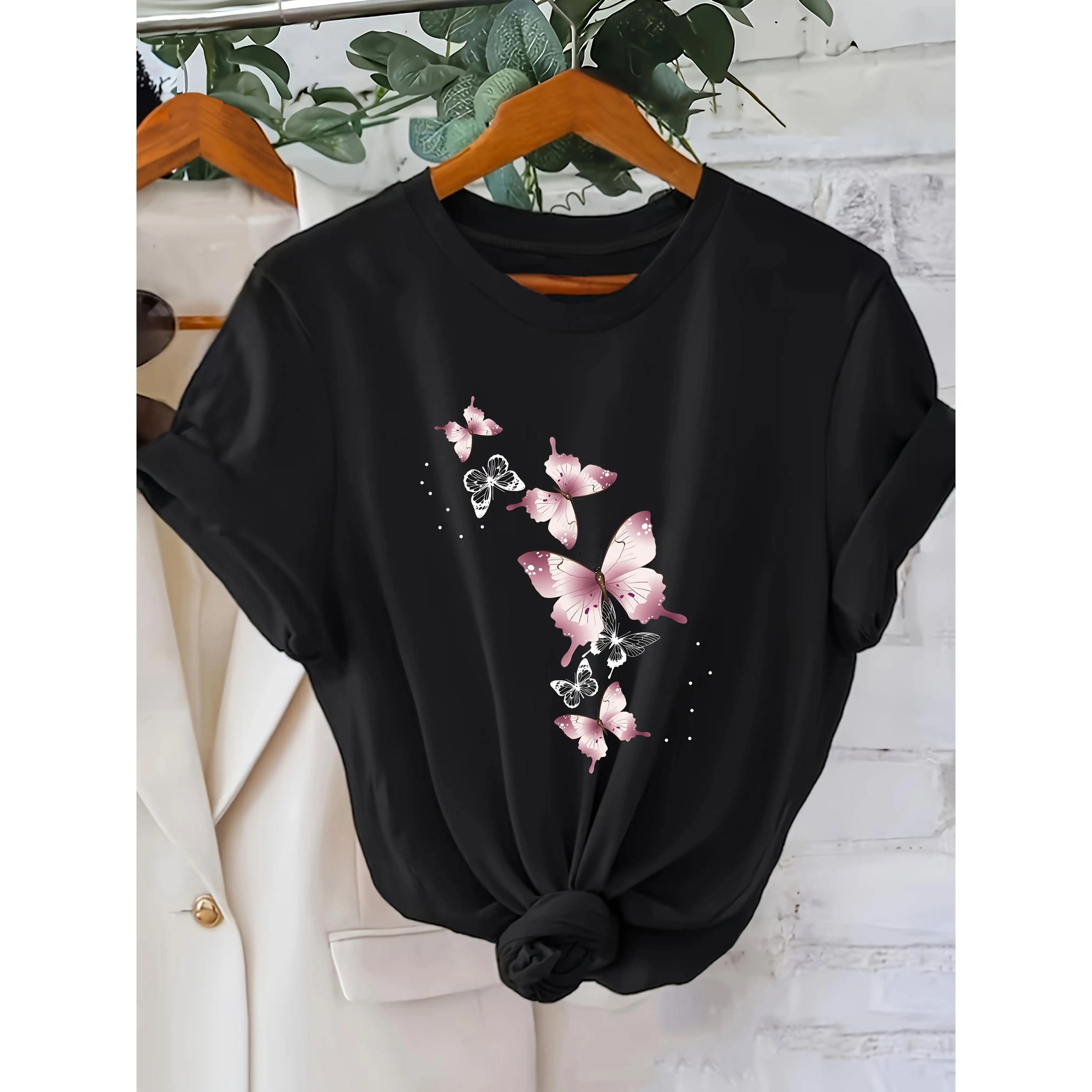 Butterfly Print Round Neck Short Sleeve T-Shirt