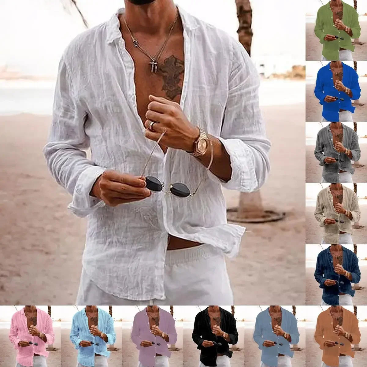 2025 Spring/Autumn New Style Loose Long Sleeve Linen Comfortable Men's Shirt Solid Color Turn-Down Collar Casual British Style