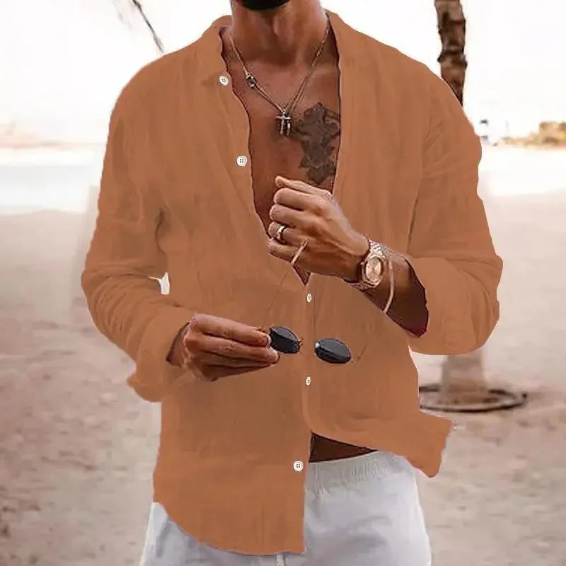 2025 Spring/Autumn New Style Loose Long Sleeve Linen Comfortable Men's Shirt Solid Color Turn-Down Collar Casual British Style
