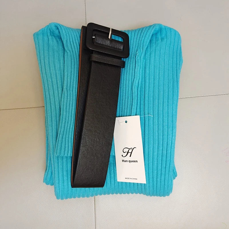 H Han Queen Knitted Turtleneck Sweater Bodycon Dress Bottoming Women Soft Elastic Autumn Winter Midi Party Dresses With Belt