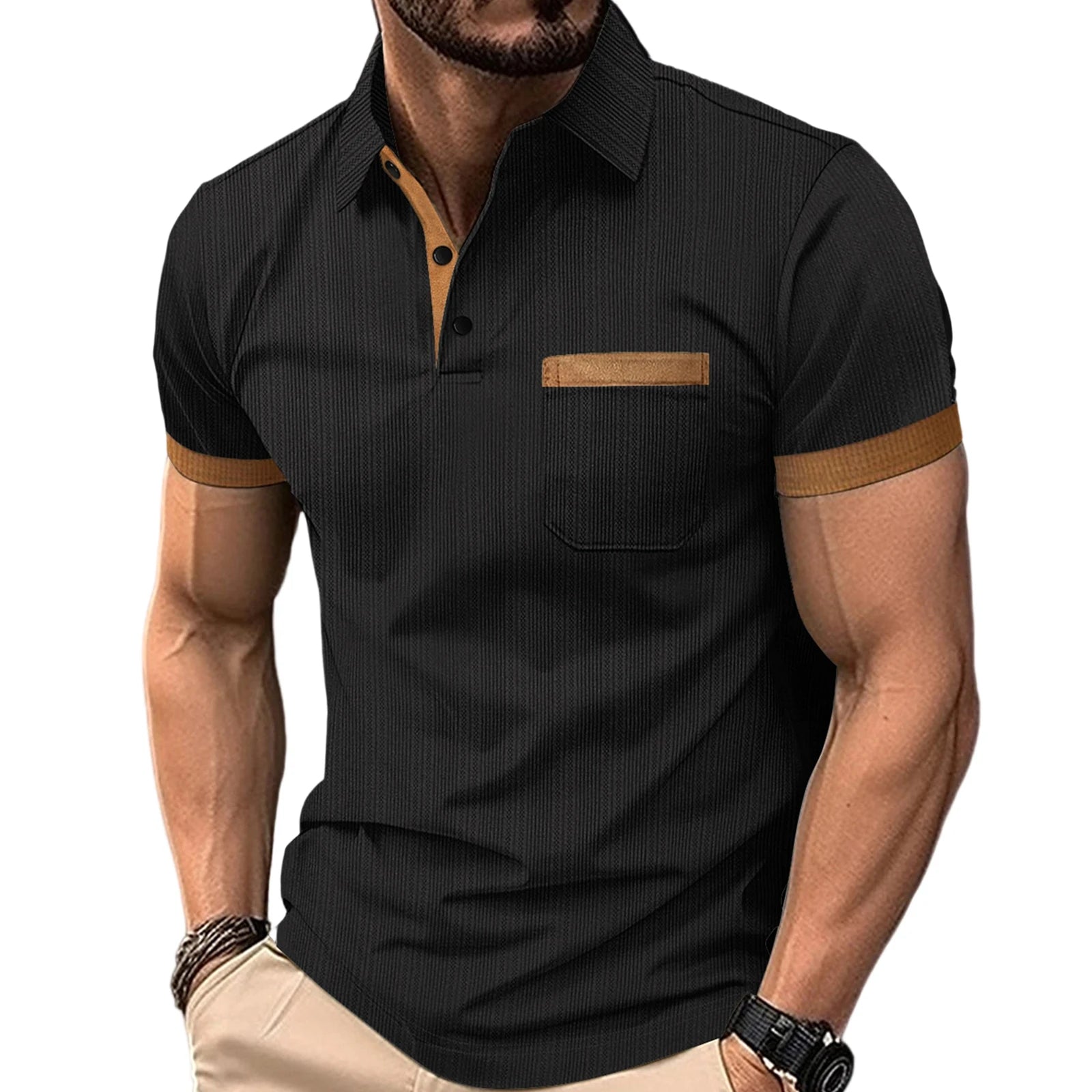 Men s Summer Lapel T-Shirt with Stylish Contrast Colors and Short Sleeves - Perfect for Beach Vacations and Streetwear Fashion