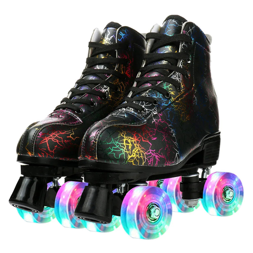 Unisex Roller Skates PU Leather Roller Skates Skating Shoes Zebra Printed Roller Skates Quad Skates Sneakers Flash Wheel Shoes
