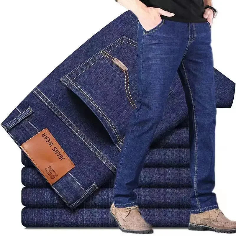 Autumn Classic Men's Fitted Stretch Jeans Business Casual Cotton Denim Straight Leg Pants Male Black Blue Trousers