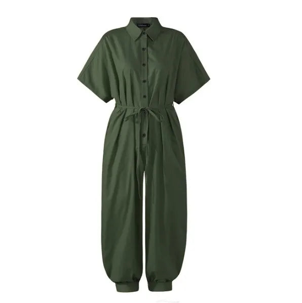 2025 Summer New Dot Leopard Print Jumpsuit Women Short Sleeve Leace-up Pocket Casual Jumpsuits Fashion Vintage Ladies Bodysuits