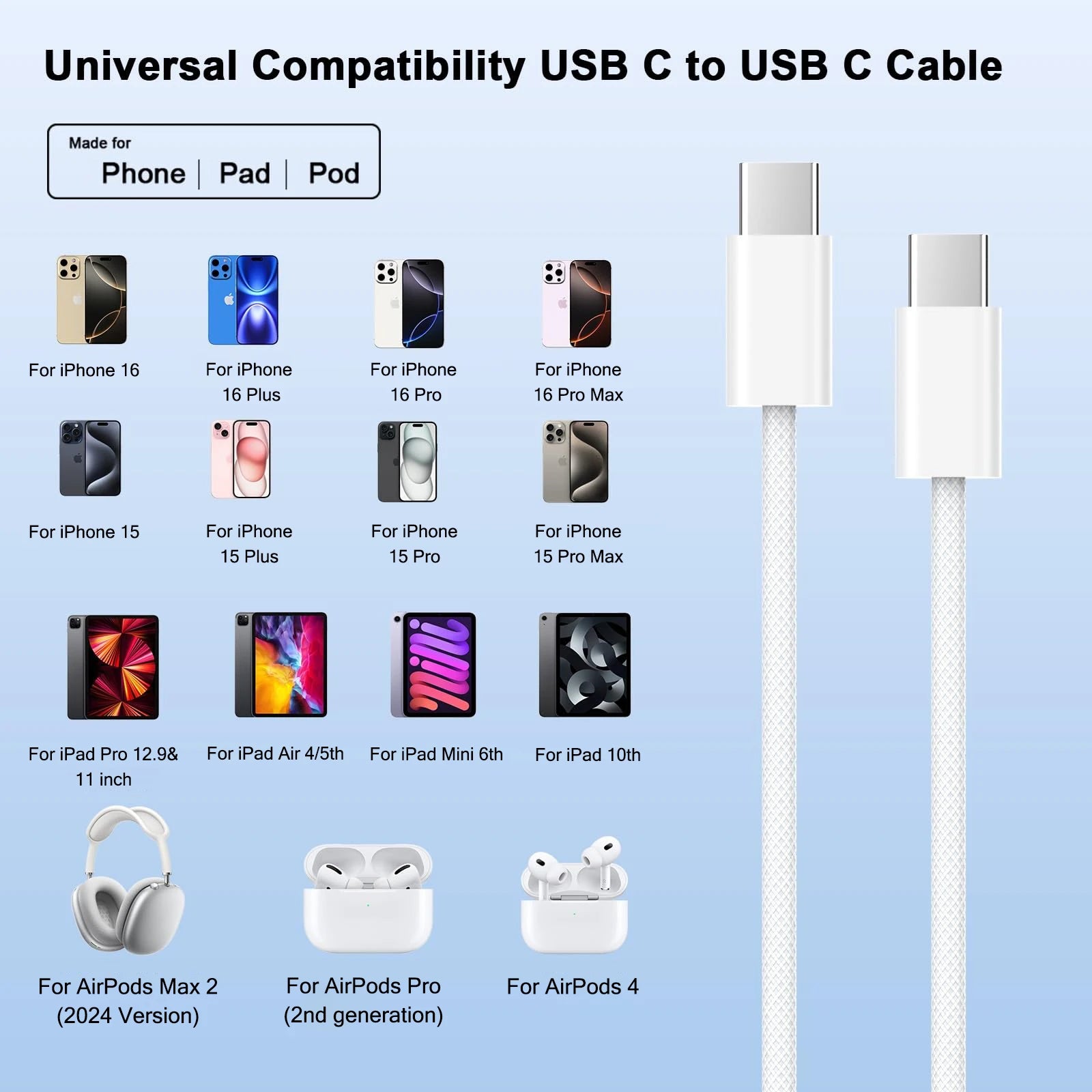 40W PD Fast Charger For iPhone 17 16 15 Pro Max USB C to C Fast Charging Cable For Samsung S25 S24 AirPods Phone Accessories