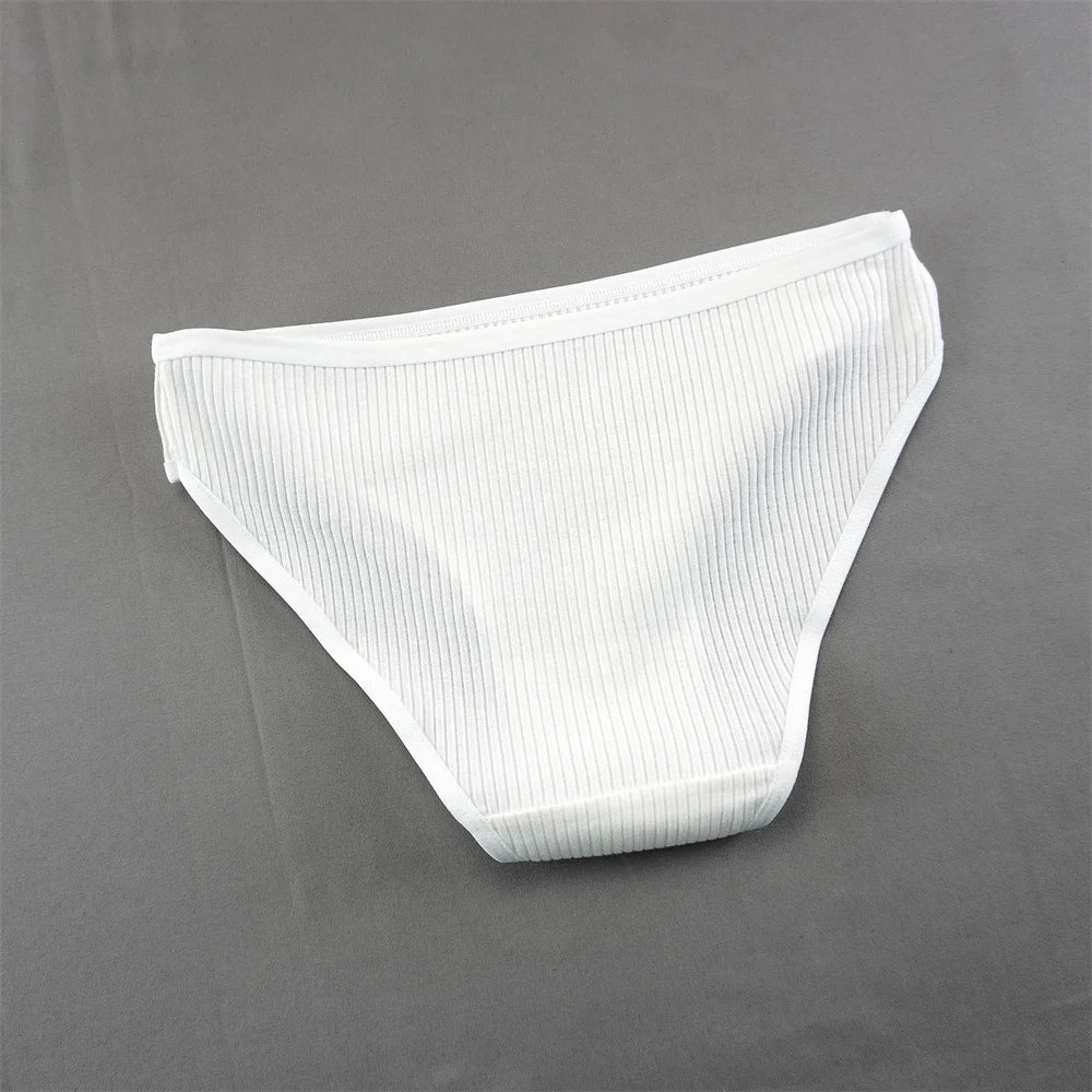 5Pcs White Ribbed Cotton Panties Women Breathable Low Rise Simple Panty Girls Bikini Briefs Sports Underwear