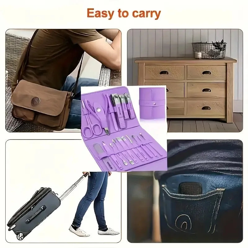 16pcs Home Multi-functional Purple Stainless Steel Manicure Kit - Modern Style Nail Clipper Kit with Straight Edge File, Ear Sco