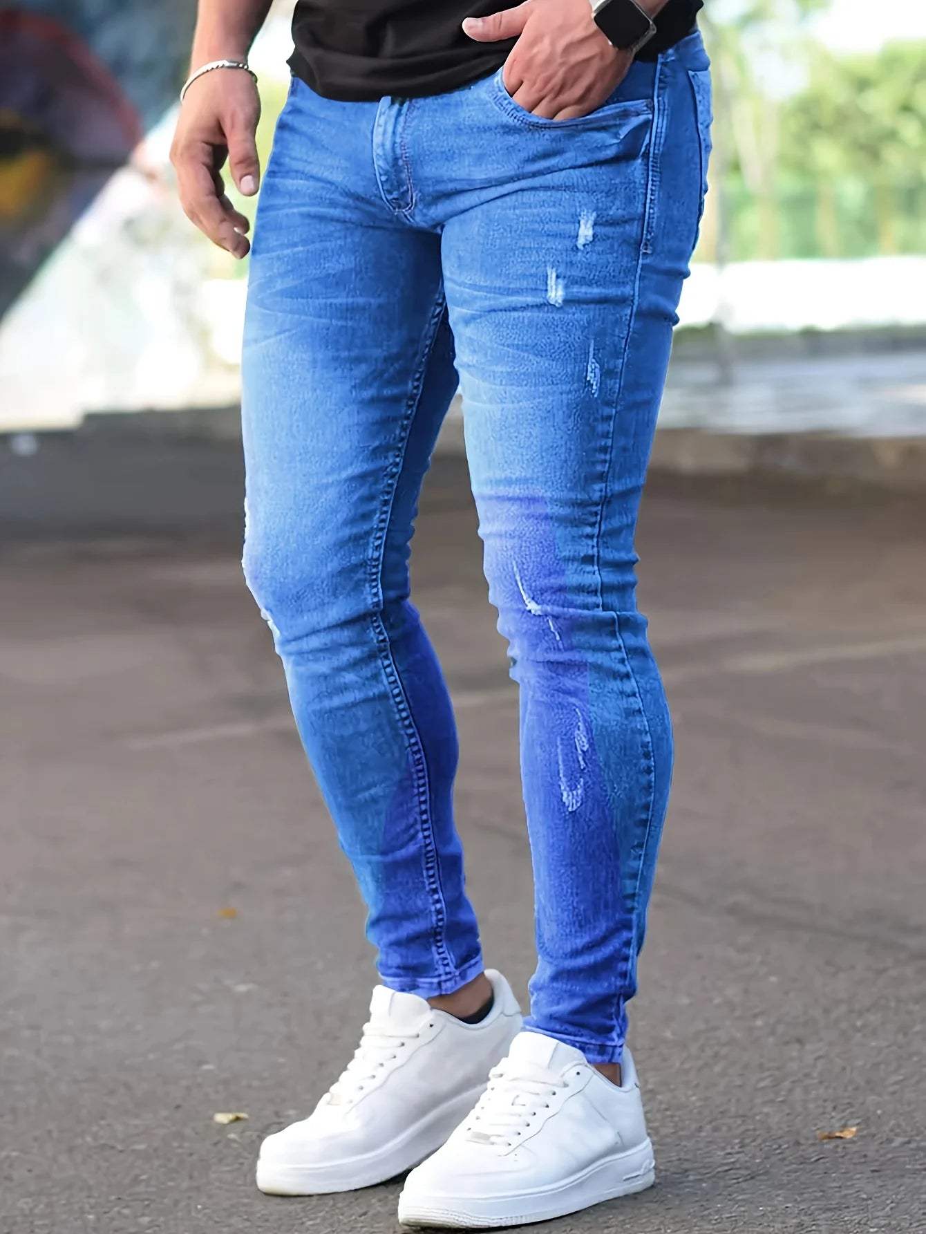 Men's fashionable blue washed jeans