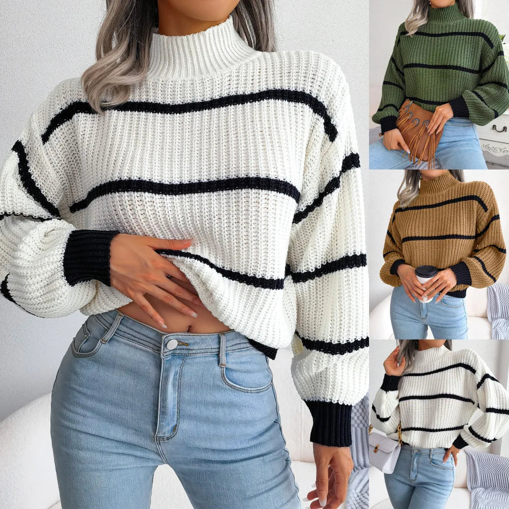 Autumn Winter Stripe Sweaters Pullovers Women New Solid Color Long Sleeved Jumpers Fashion High Neck Warm Pullover Knitwears Top