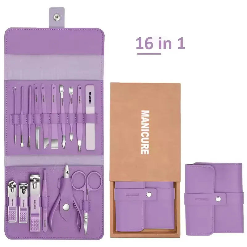 16pcs Home Multi-functional Purple Stainless Steel Manicure Kit - Modern Style Nail Clipper Kit with Straight Edge File, Ear Sco
