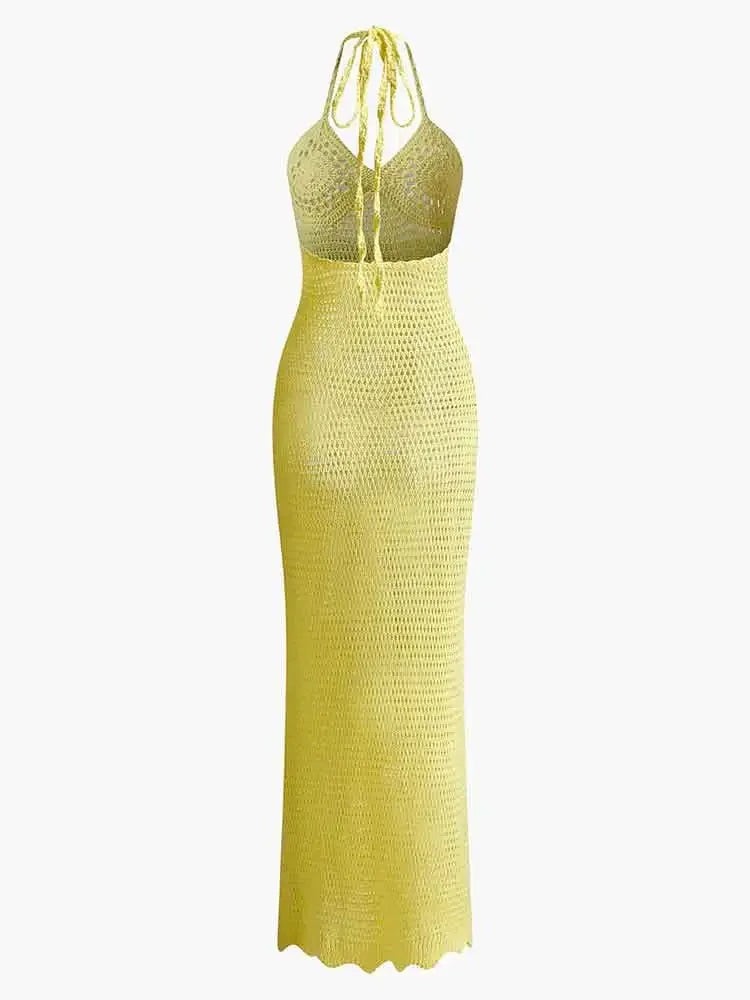 Solid Colour Sexy Knit Cut Out Holiday Beach Dresses Women's 2025 Summer Sexy V-Neck Spaghetti Strap Bodycon Maxi Dress K32